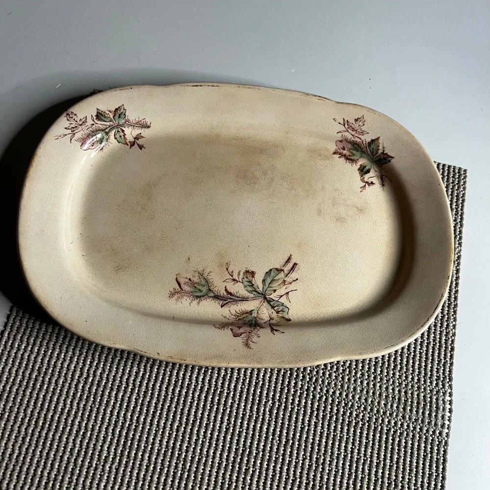 Antique Chelsea Ironstone Platter Moss Rose Floral Scalloped Oval Serving Dish